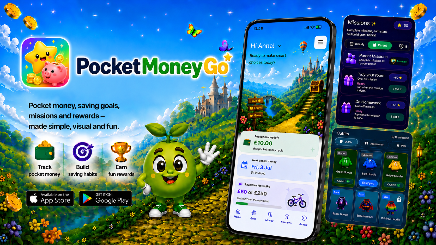 PocketMoney Go banner with App Store and Google Play icons.